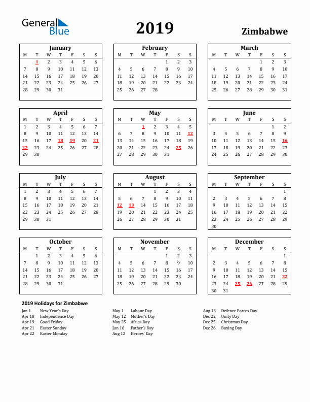 2019 Zimbabwe Holiday Calendar - Monday Start