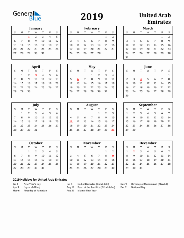 2019 United Arab Emirates Holiday Calendar - Sunday Start