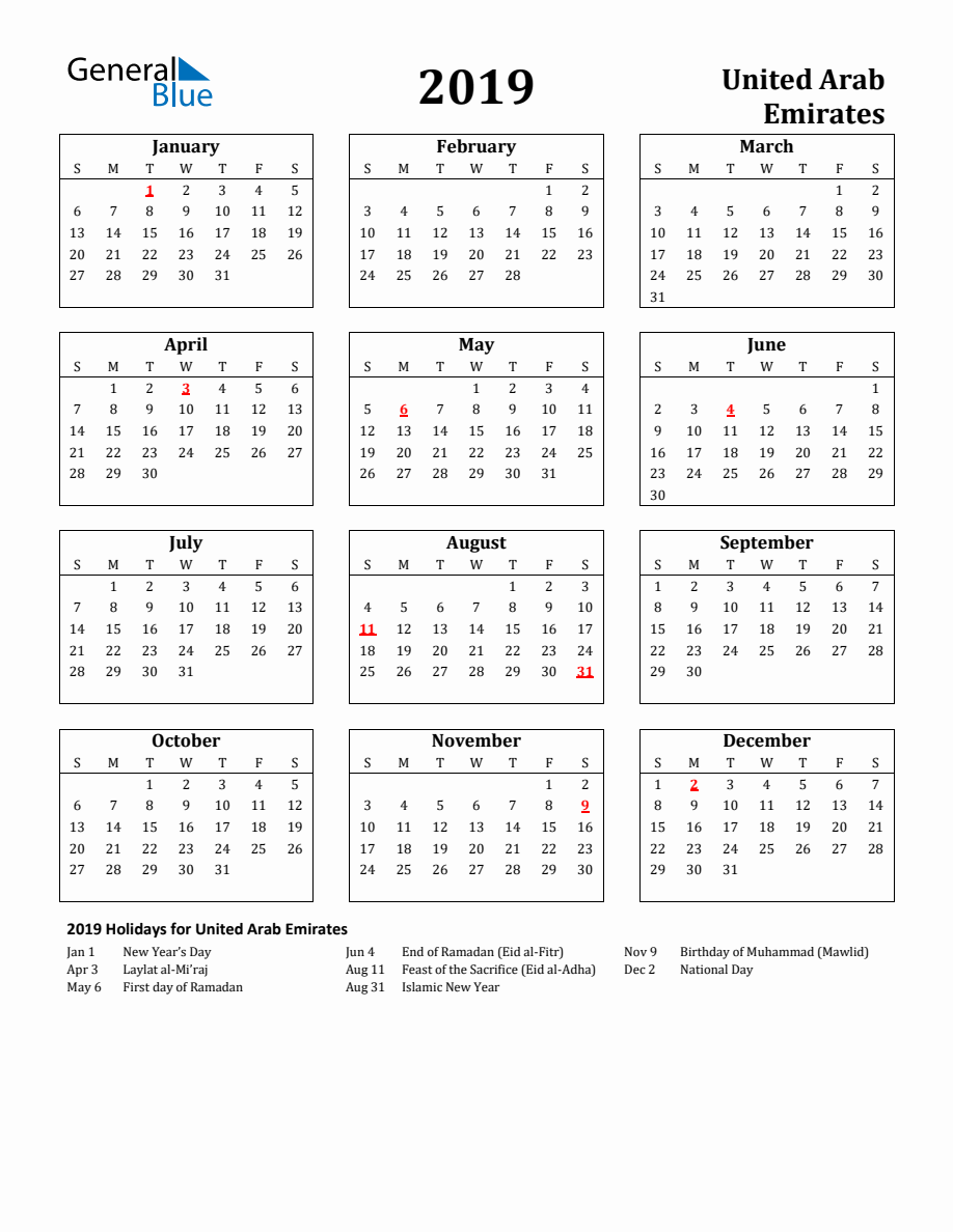 Free Printable 2019 United Arab Emirates Holiday Calendar