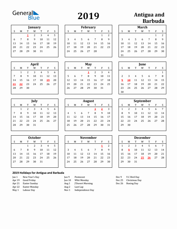 2019 Antigua and Barbuda Holiday Calendar - Sunday Start