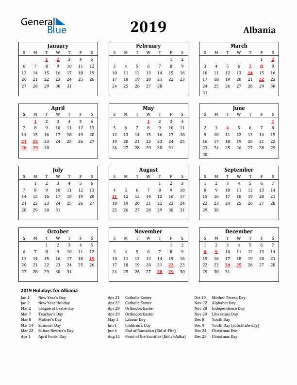 2019 Albania Holiday Calendar - Sunday Start