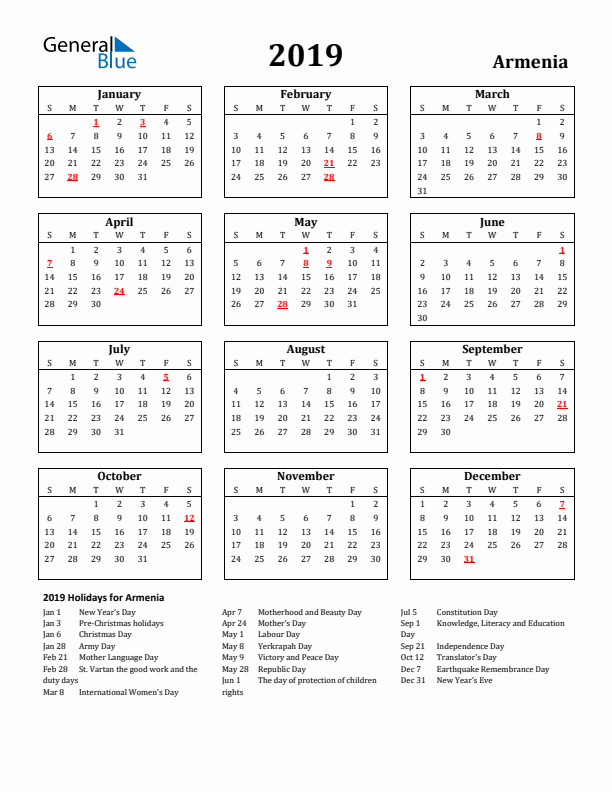 2019 Armenia Holiday Calendar - Sunday Start