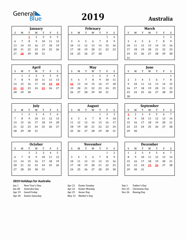 2019 Australia Holiday Calendar - Sunday Start