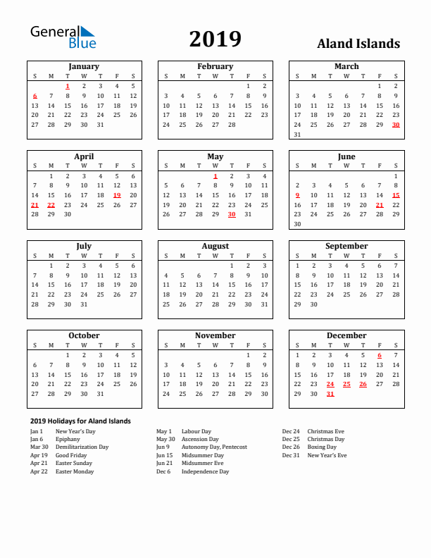 2019 Aland Islands Holiday Calendar - Sunday Start
