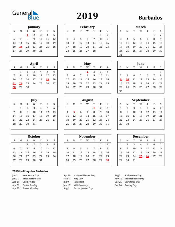 2019 Barbados Holiday Calendar - Sunday Start