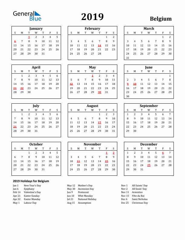 2019 Belgium Holiday Calendar - Sunday Start