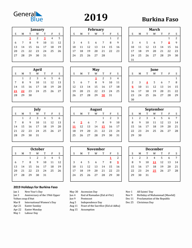 2019 Burkina Faso Holiday Calendar - Sunday Start