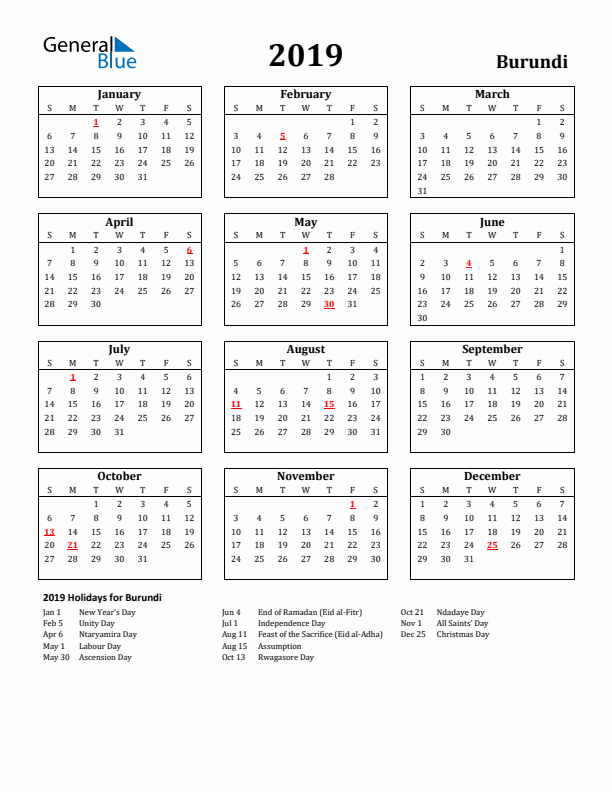 2019 Burundi Holiday Calendar - Sunday Start
