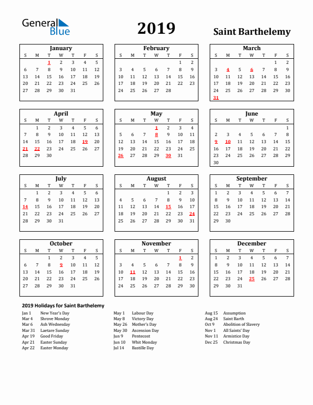 2019 Saint Barthelemy Holiday Calendar - Sunday Start