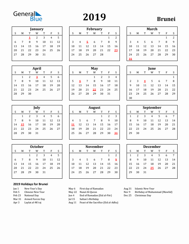 2019 Brunei Holiday Calendar - Sunday Start