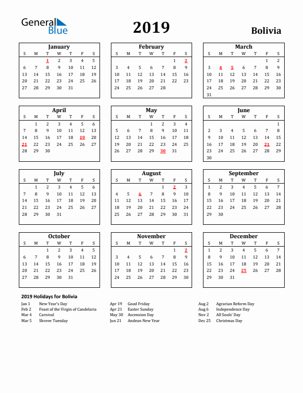 2019 Bolivia Holiday Calendar - Sunday Start