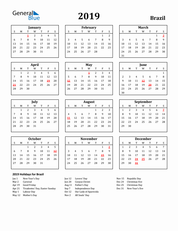 2019 Brazil Holiday Calendar - Sunday Start