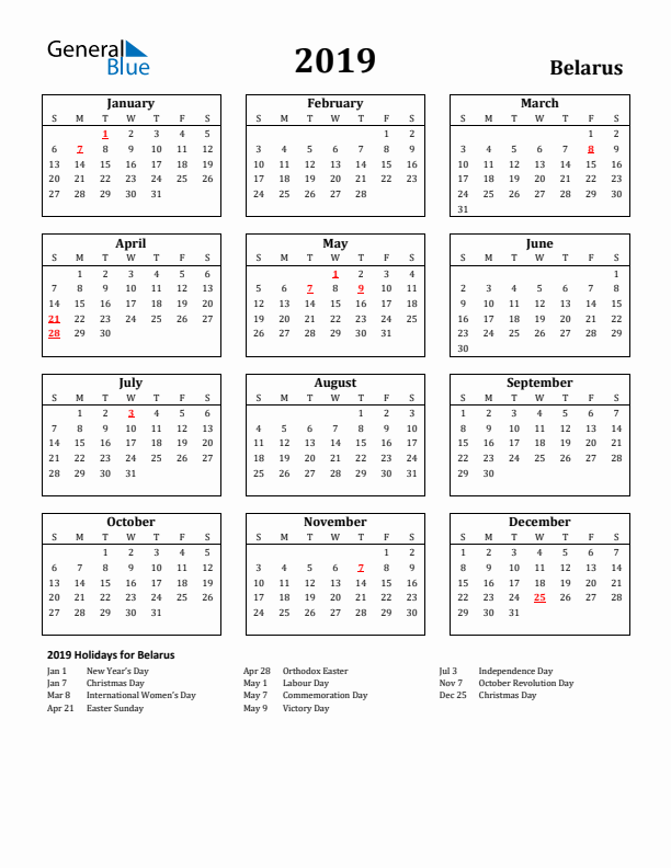 2019 Belarus Holiday Calendar - Sunday Start