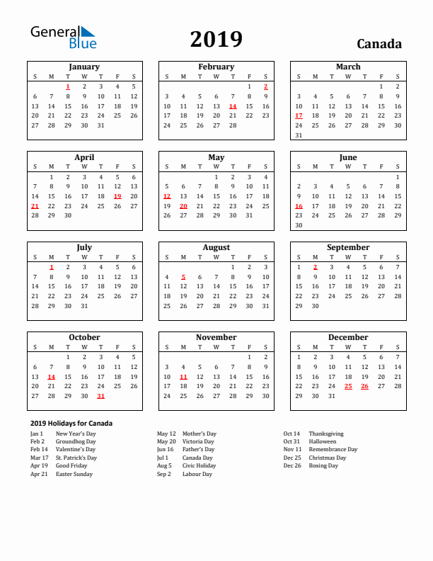 2019 Canada Holiday Calendar - Sunday Start