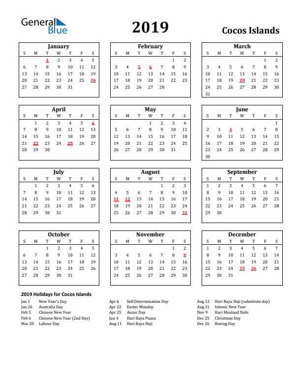 2019 Cocos Islands Holiday Calendar - Sunday Start