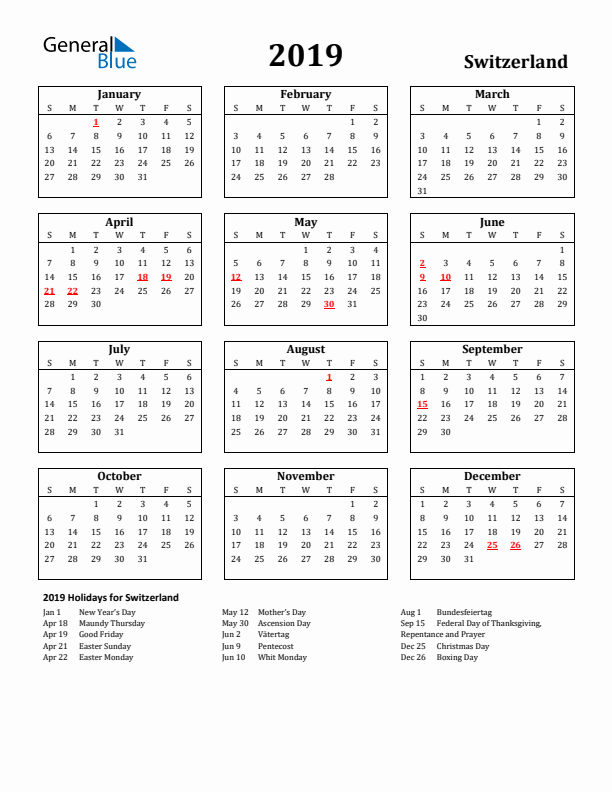 2019 Switzerland Holiday Calendar - Sunday Start