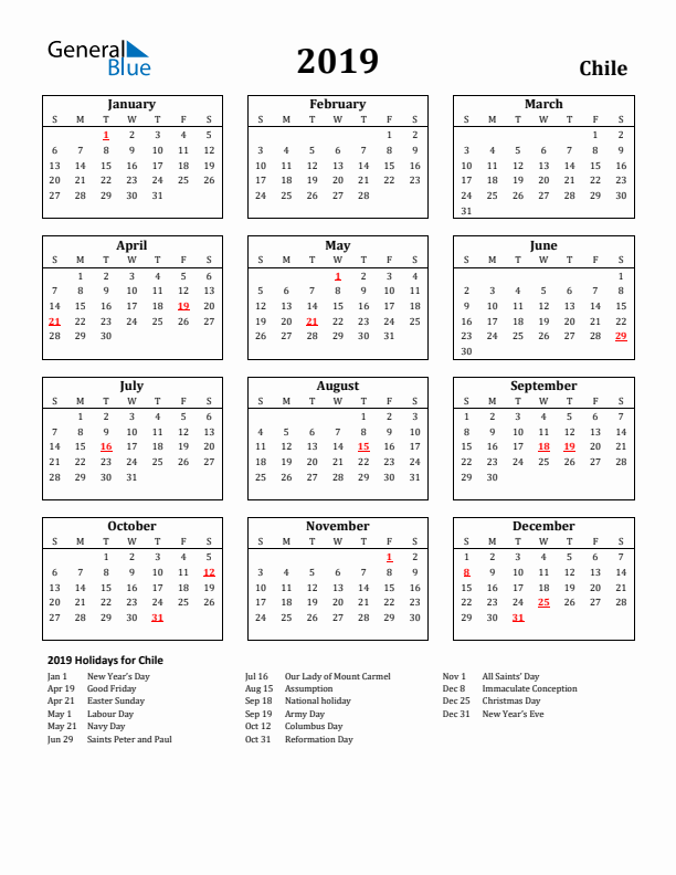 2019 Chile Holiday Calendar - Sunday Start