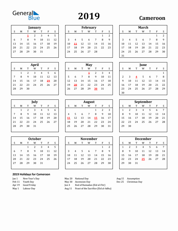 2019 Cameroon Holiday Calendar - Sunday Start