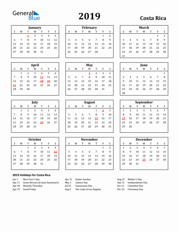 2019 Costa Rica Holiday Calendar - Sunday Start