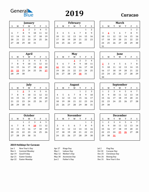 2019 Curacao Holiday Calendar - Sunday Start