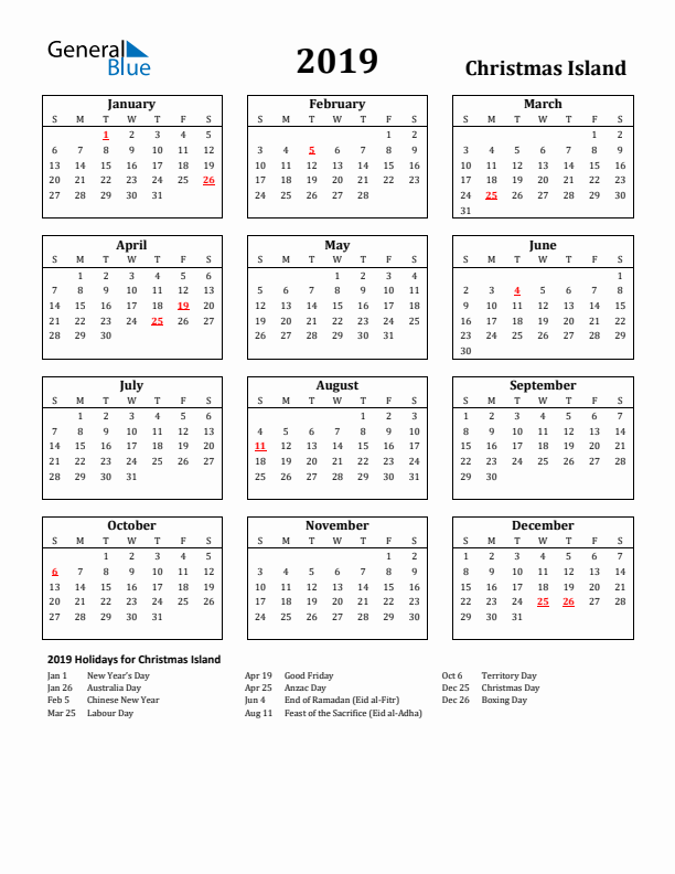 2019 Christmas Island Holiday Calendar - Sunday Start