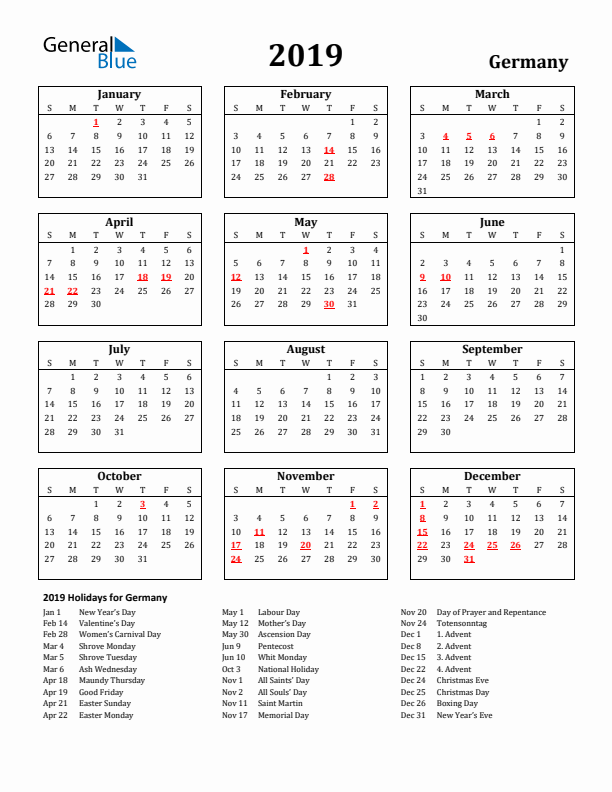 2019 Germany Holiday Calendar - Sunday Start