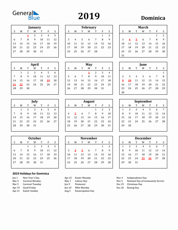 2019 Dominica Holiday Calendar - Sunday Start