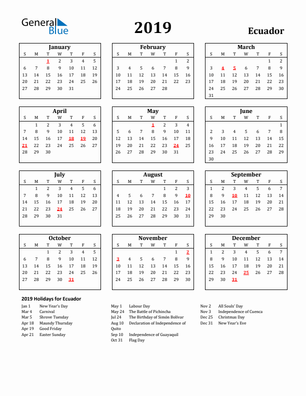 2019 Ecuador Holiday Calendar - Sunday Start