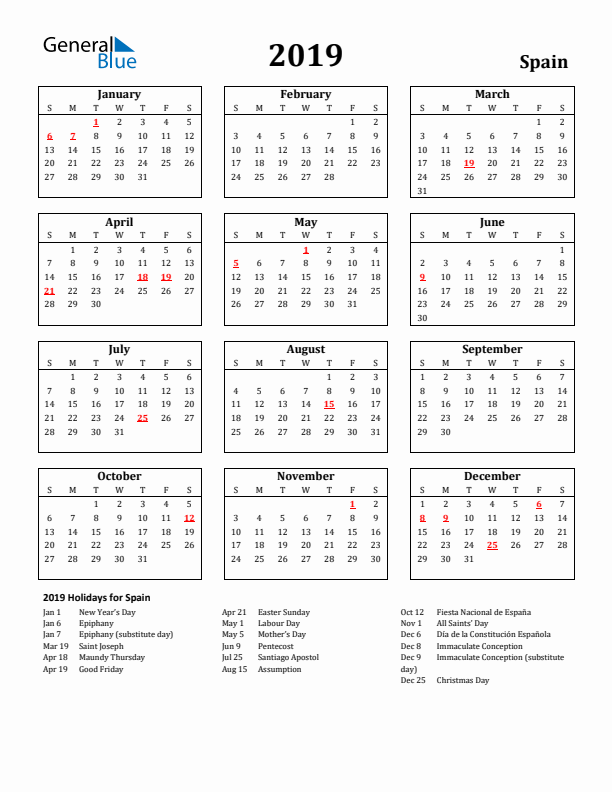 2019 Spain Holiday Calendar - Sunday Start