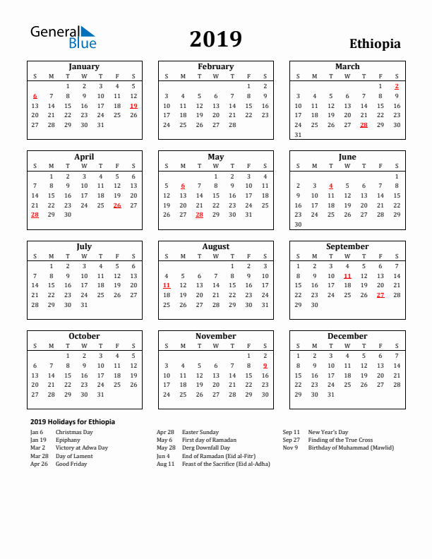 2019 Ethiopia Holiday Calendar - Sunday Start