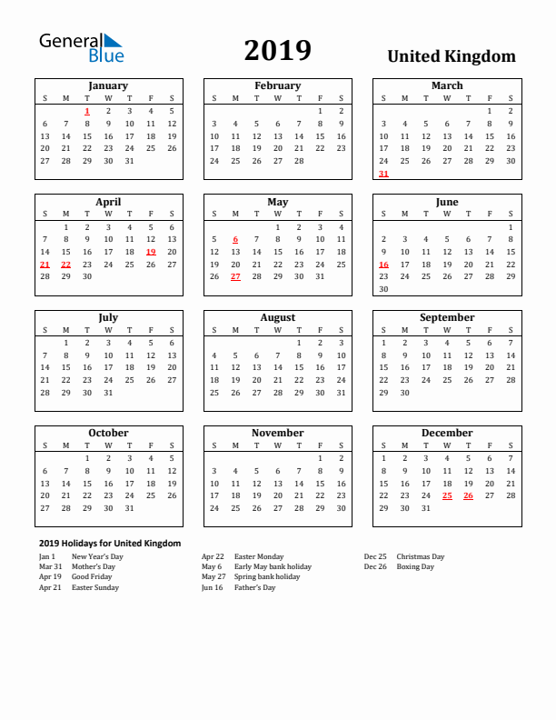 2019 United Kingdom Holiday Calendar - Sunday Start