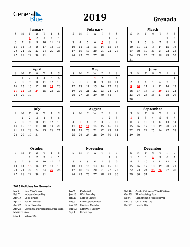 2019 Grenada Holiday Calendar - Sunday Start