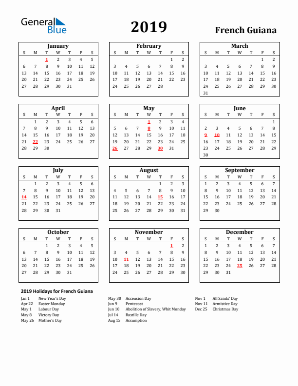 2019 French Guiana Holiday Calendar - Sunday Start