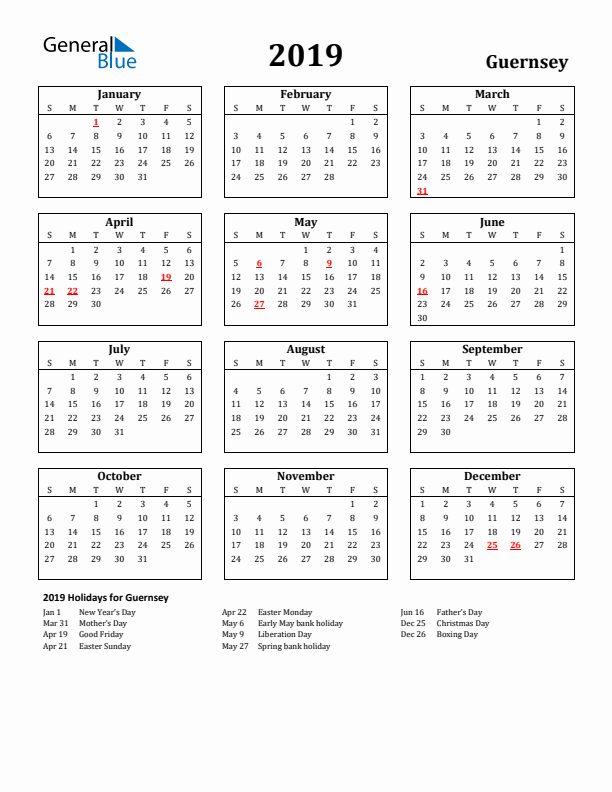 2019 Guernsey Holiday Calendar - Sunday Start