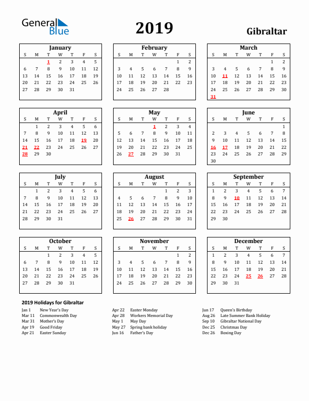2019 Gibraltar Holiday Calendar - Sunday Start