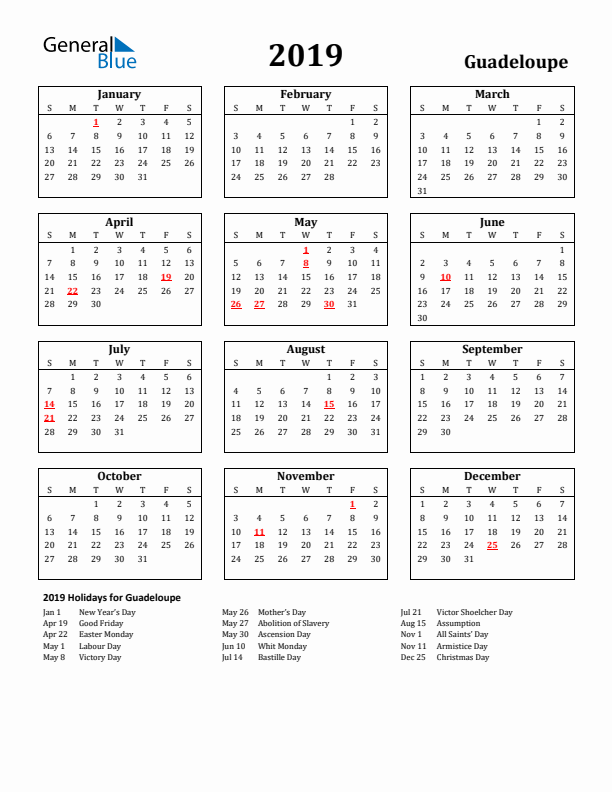 2019 Guadeloupe Holiday Calendar - Sunday Start