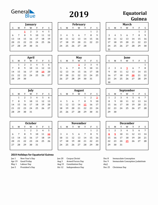 2019 Equatorial Guinea Holiday Calendar - Sunday Start
