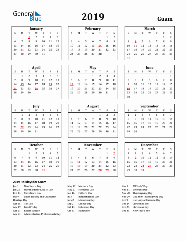 2019 Guam Holiday Calendar - Sunday Start