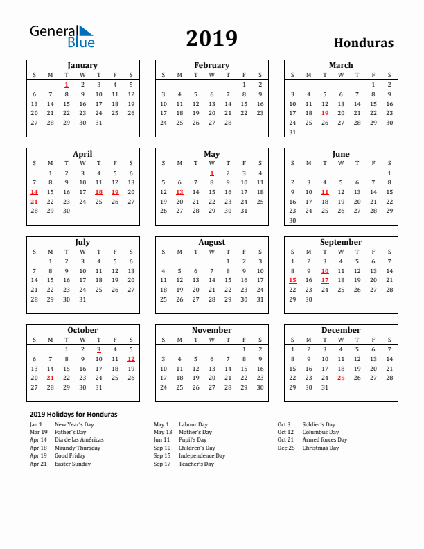 2019 Honduras Holiday Calendar - Sunday Start