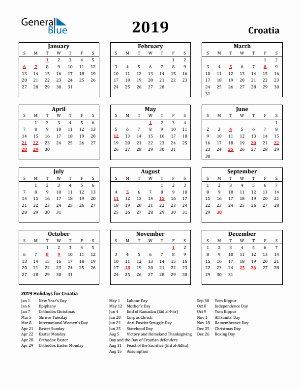 2019 Croatia Holiday Calendar - Sunday Start