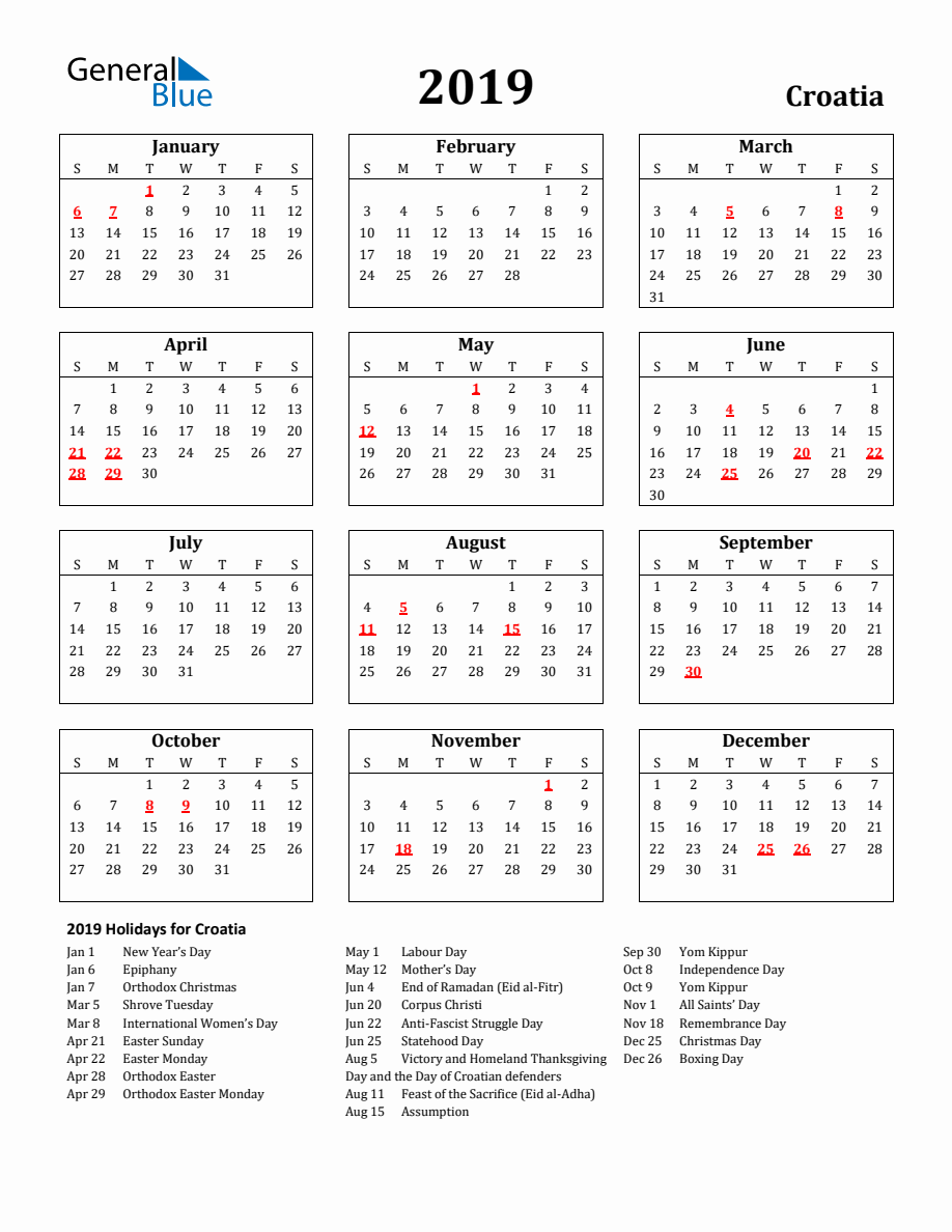 Free Printable 2019 Croatia Holiday Calendar