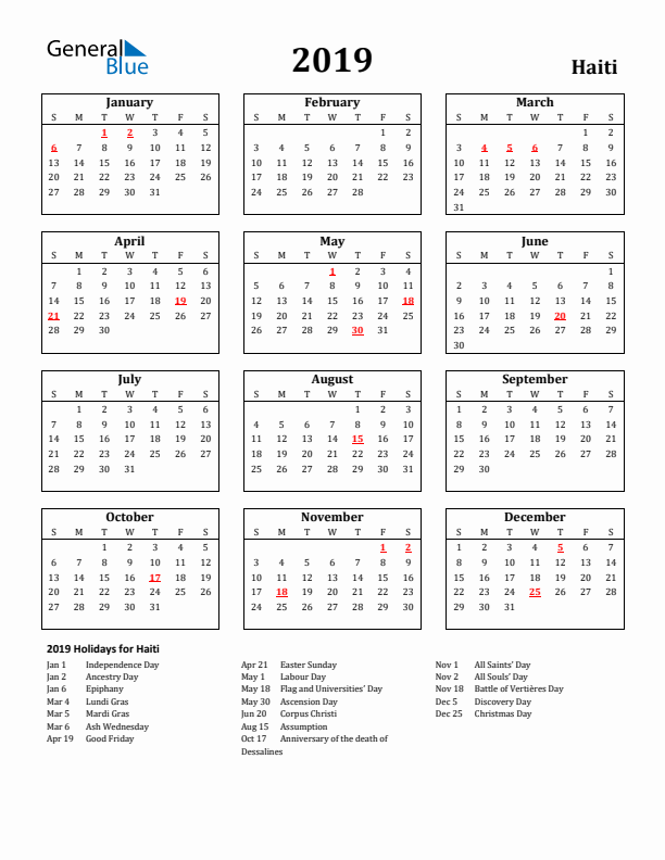 2019 Haiti Holiday Calendar - Sunday Start