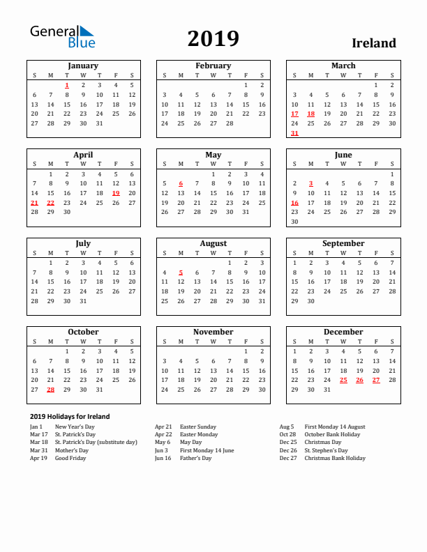 2019 Ireland Holiday Calendar - Sunday Start