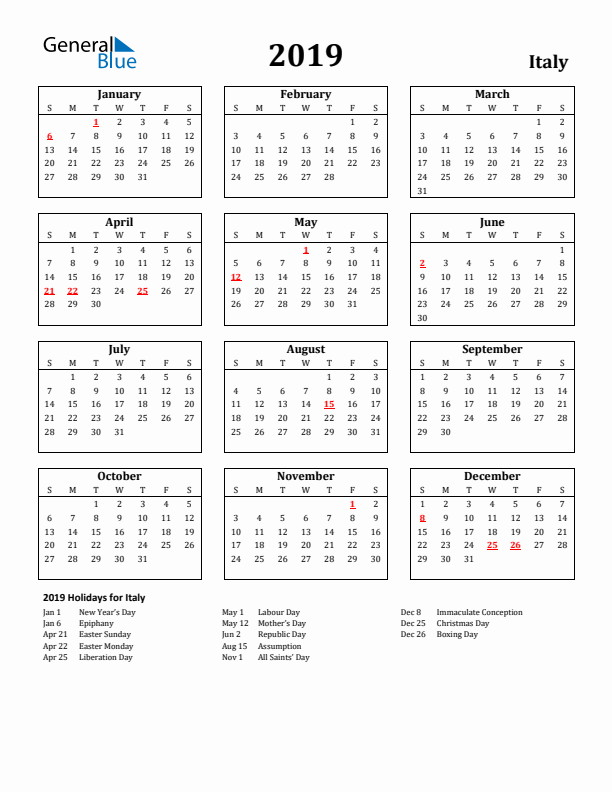 2019 Italy Holiday Calendar - Sunday Start