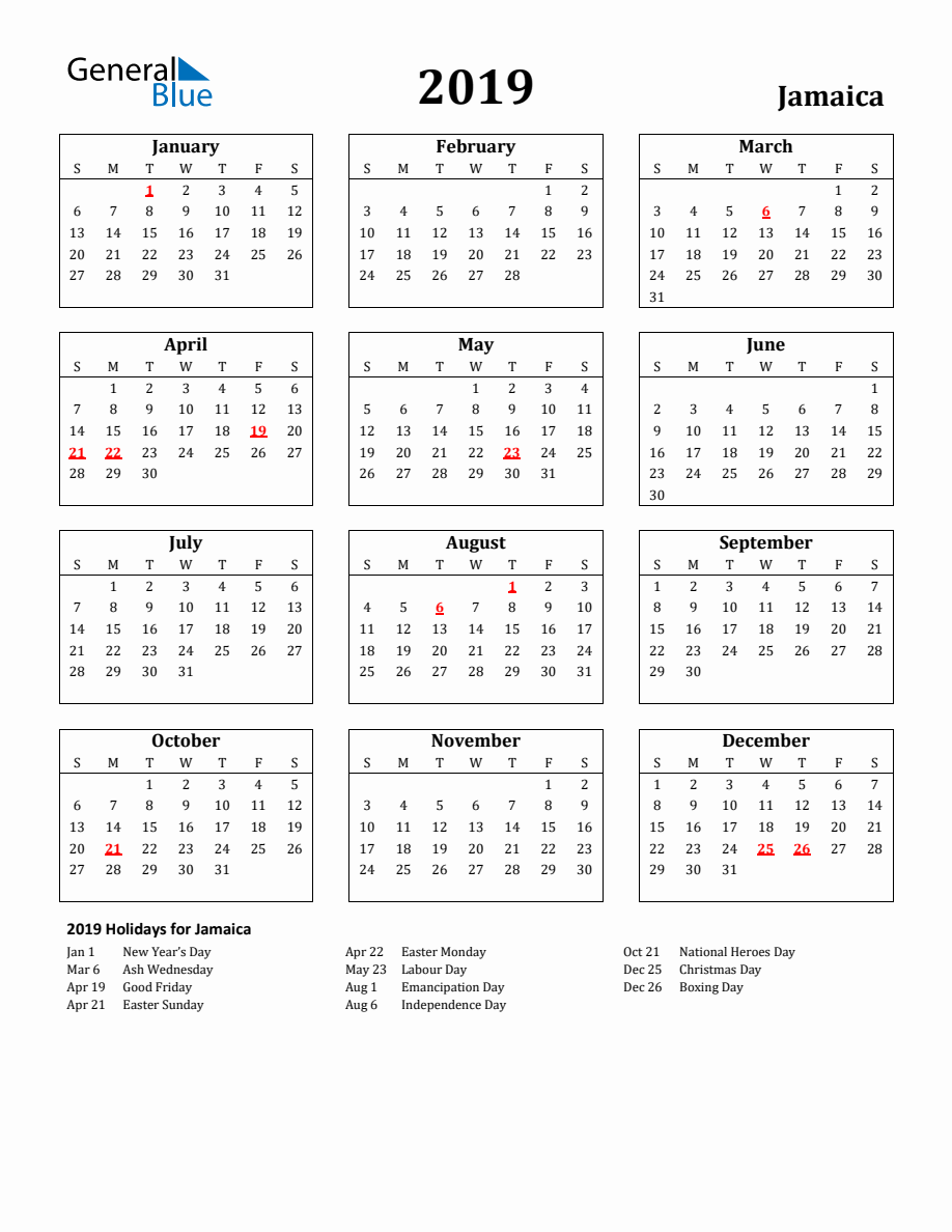 Free Printable 2019 Jamaica Holiday Calendar