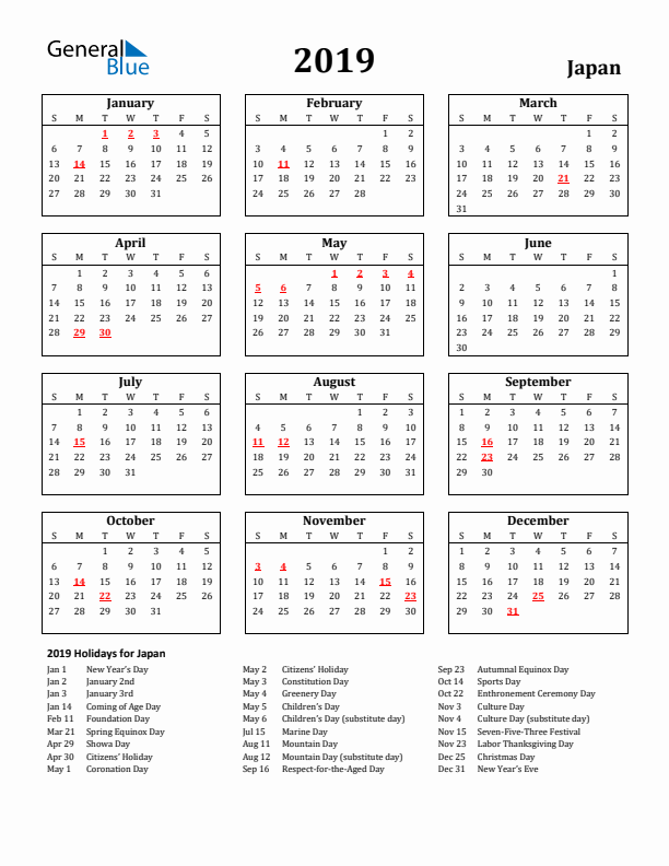 2019 Japan Holiday Calendar - Sunday Start