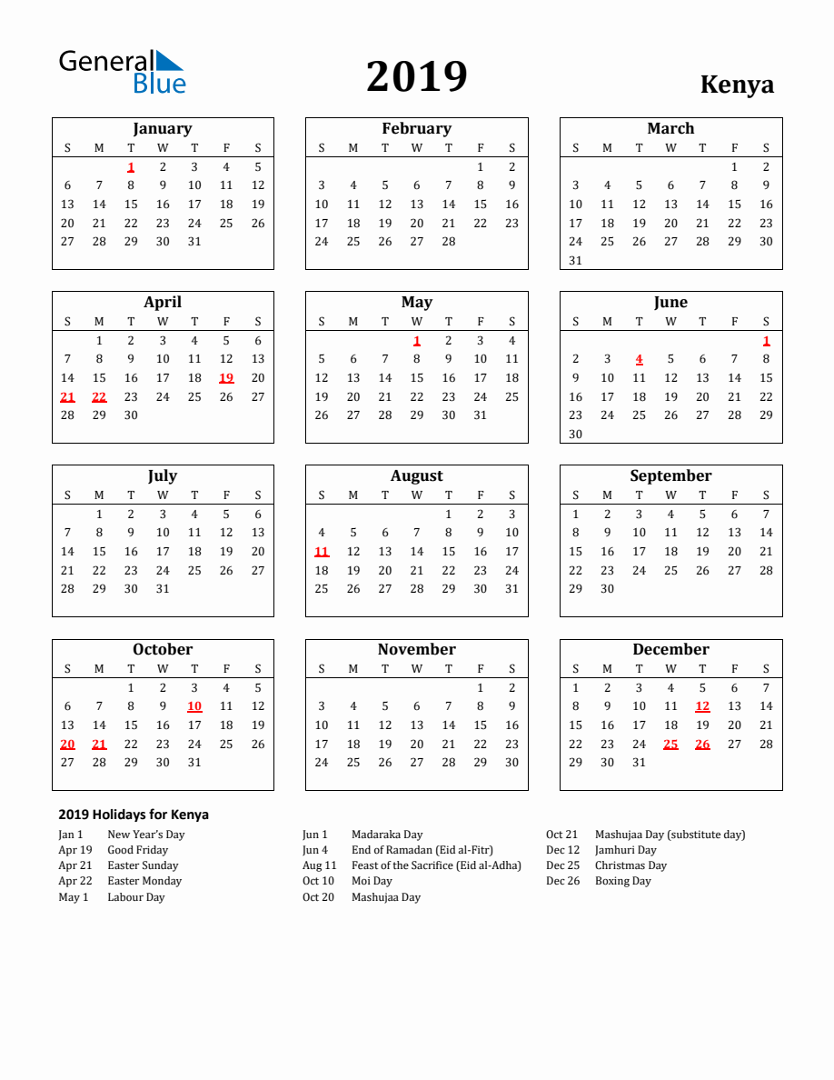 Free Printable 2019 Kenya Holiday Calendar