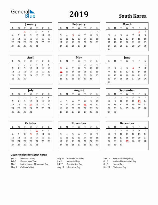 2019 South Korea Holiday Calendar - Sunday Start