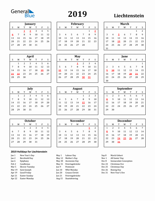 2019 Liechtenstein Holiday Calendar - Sunday Start