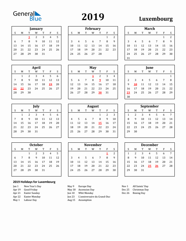 2019 Luxembourg Holiday Calendar - Sunday Start